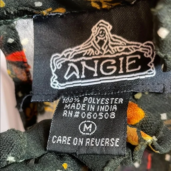 ANGIE- Black Dress with Vibrant Floral Design High Ruffled Neck size M - Picture 4 of 8